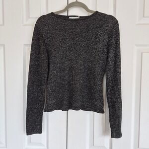 Erik Stewart Womens Black Silver Metallic Lurex Knit Long Sleeve Top Medium USA